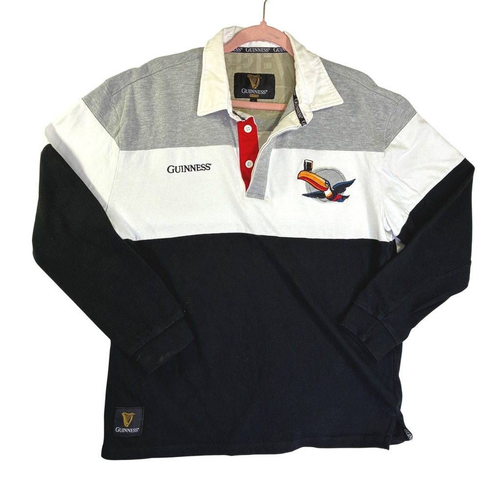 Guinness Mens Rugby Shirt Long Sleeve Toucan Logo Colorblock Grey White Black L